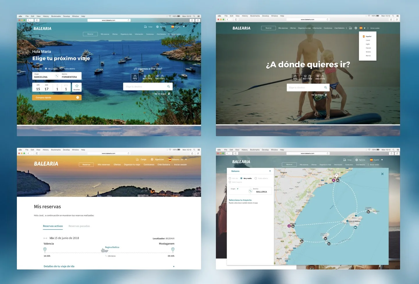 Desktop website pages: home, destination search, my bookings and route map