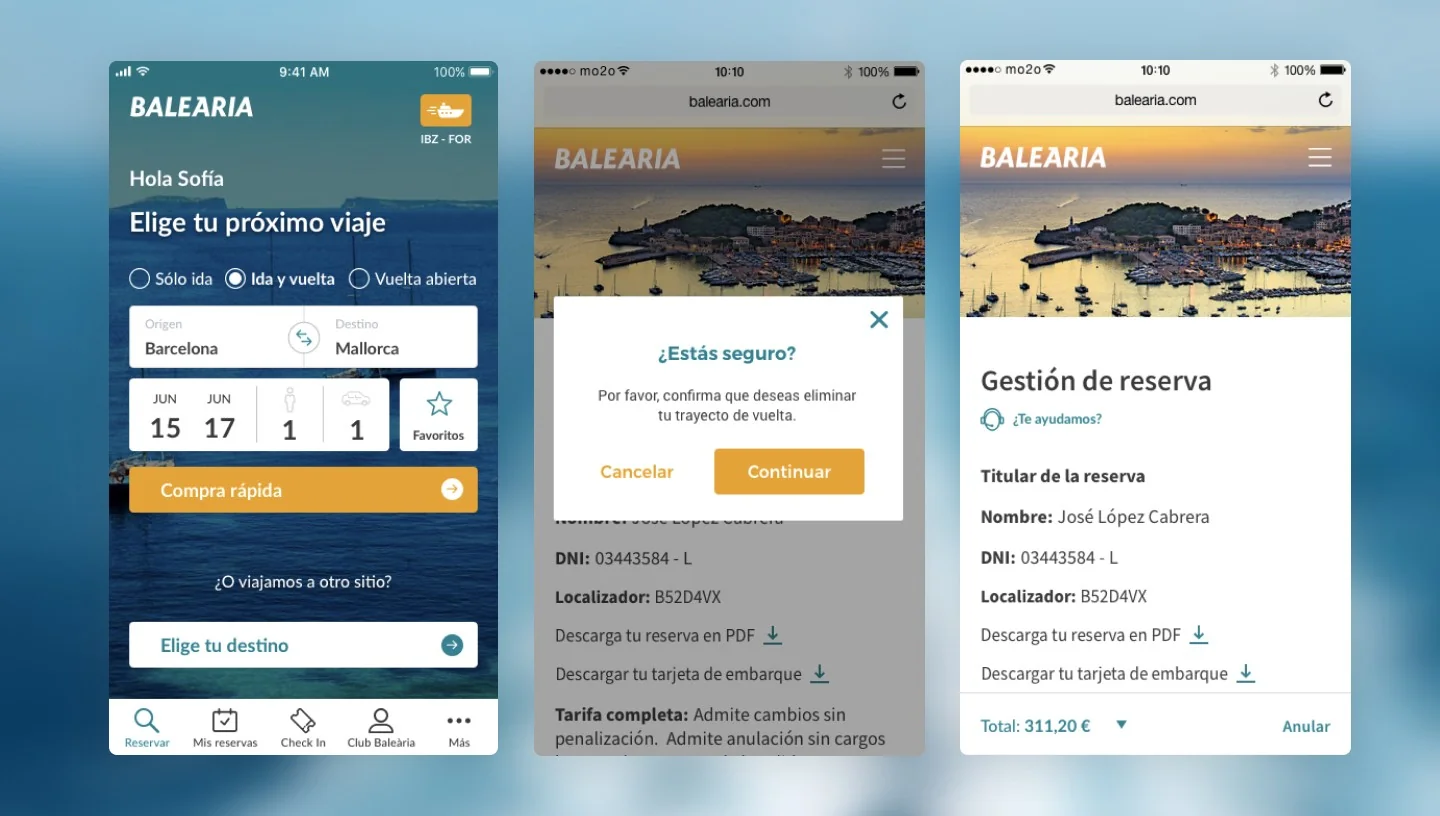 Mobile screens: quick ticket search, confirmation dialog and booking management