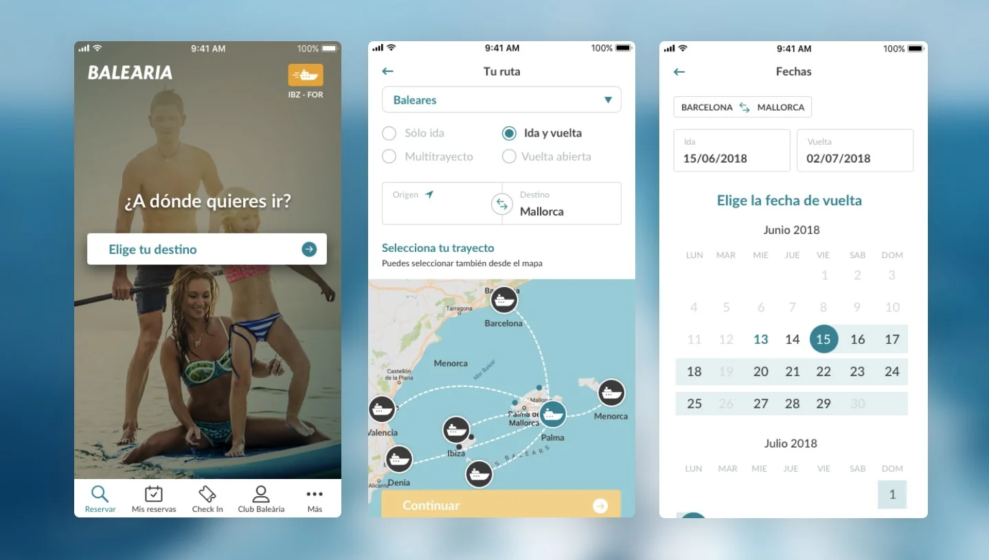 Mobile screens: destination search, route map and date selection