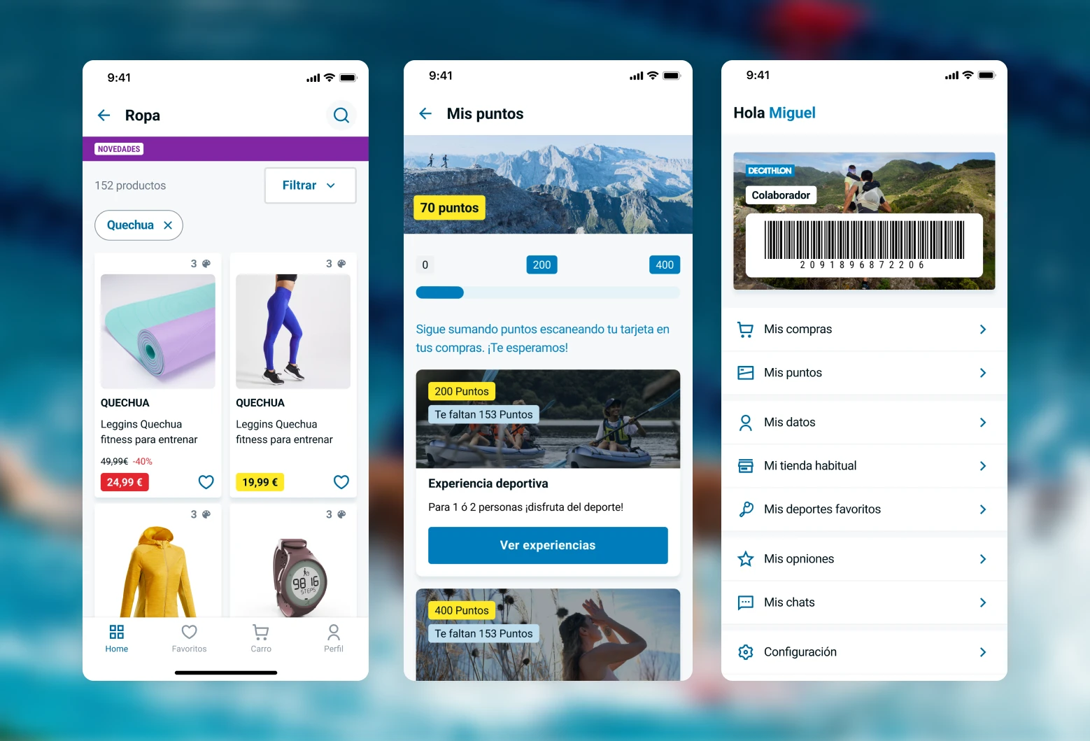App screens: product list, loyalty points and profile