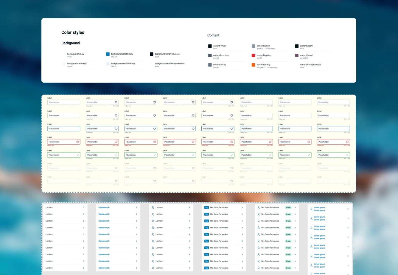 Design system: colour styles, text fields and list items