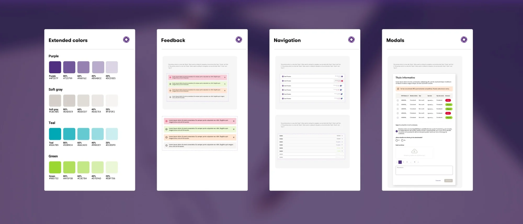 Design system sheets: extended colours, feedback, navigation and modals